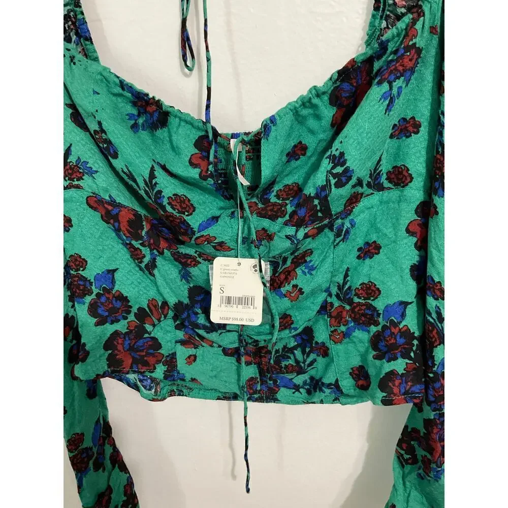 NWT Free People Crop Top Size Small Floral Blouse Puff Sleeve $98 Tie Back Green